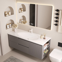 Meuble-lavabo de salle de bain avec miroir, style italien moderne crème, lavabo simple/double, plan de travail en céramique intégré