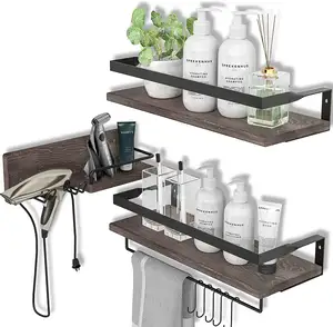 Rustic Floating Shelves Decorative Storage Shelves with Towel Bar, Wall Mounted Shelves Holder for Bathroom, Kitchen