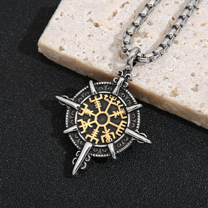 yunnique Viking Compass Pendant Stainless Steel Necklace Unisex Geometric <b>Cross</b> Design Jewelry Accessory - Product Image 3