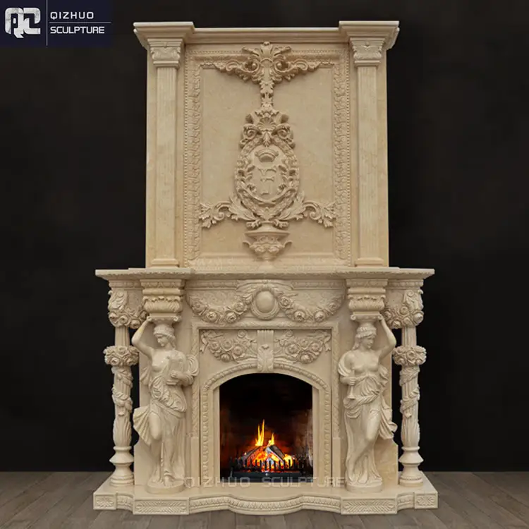 Western Style Luxury Home Decoration Gold Oval Mantel Grant 2 Tried Marble Double Fireplace With Elegant Women Sculpture