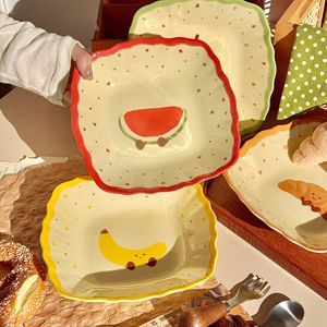 Cute Square <b>Ceramic</b> Plate 8 Inch Cartoon Fruit Design For Breakfast Snack Salad Deep Dish Home Use Party - Product Image 4