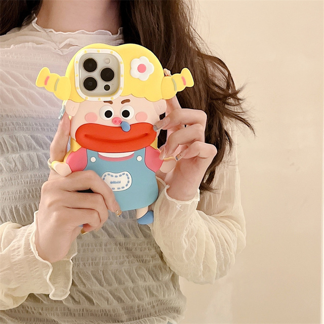 Cute Snot Braid Girl Silicone Mobile Phone Case for iPhone 16 15 14 13 12 Pro Max Shockproof 3D Cartoon Mobile Cover