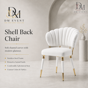 Chaise de salle à manger en acier inoxydable à dossier festonné doré avec coussin blanc pour hôtels et événements de mariage – Vente en gros - Product Image 1