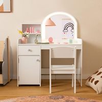 Ensemble de coiffeuse et chaise pour enfants avec miroir lumineux, tiroirs et étagères de rangement, table de maquillage en bois pour filles