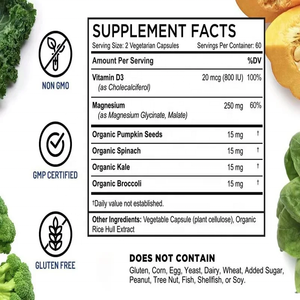 Suplemento de Glicinato de Magnesio + Malato con Vitamina D3, Vegetales y Semillas - Apoya la Salud de las Articulaciones y los Huesos (90 Cápsulas Vegetarianas) - Product Image 3
