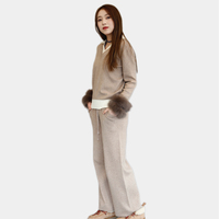 Nouveau design personnalisé Ensemble de 2 pièces en tricot pour femmes Pull en cachemire avec pantalon à cordon en fourrure de renard