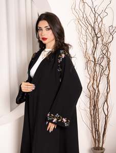 <span class=keywords><strong>Abaya</strong></span> en <span class=keywords><strong>lin</strong></span> noir brodée de fleurs, ouverte sur le devant, douce, pour femmes musulmanes, tenue modeste quotidienne - Product Image 5