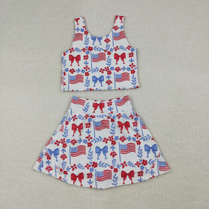 Ensemble de vêtements décontractés d'été pour bébés filles, short imprimé floral avec nœud drapeau américain, tenue de yoga 2 pièces pour le 4 juillet - Product Image 2