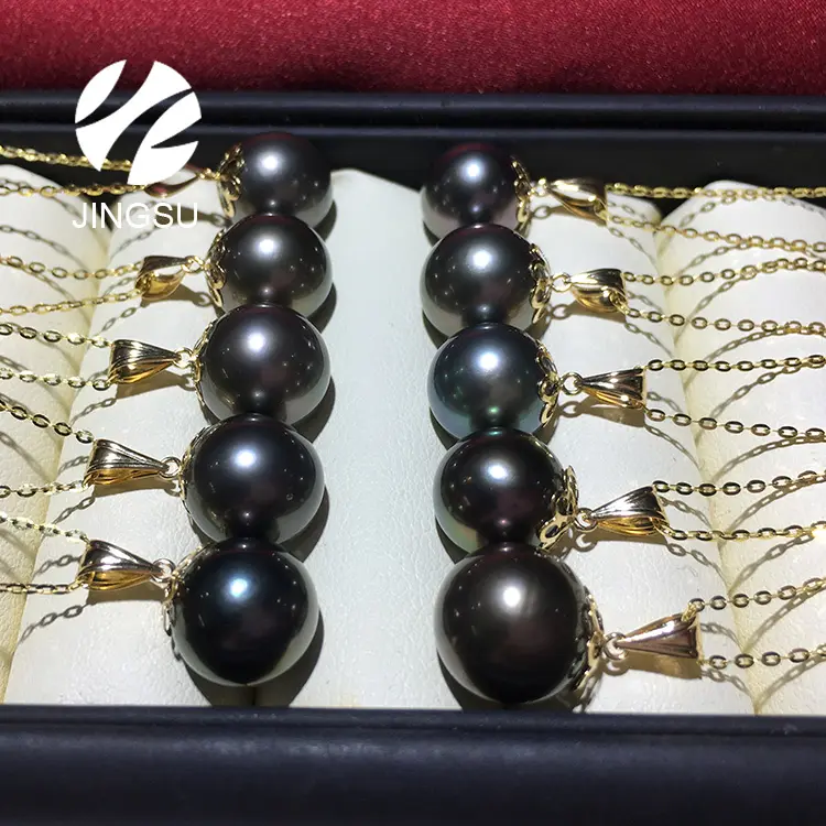 Pendentif en perle de tatian, breloque avec design en or 18K, de couleur noire naturelle