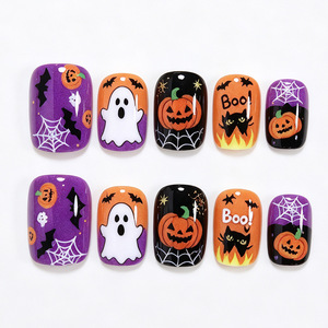 Faux ongles à presser sur le thème d'<span class=keywords><strong>Halloween</strong></span>, motifs fantôme, toile d'araignée et citrouille, style INS doux et audacieux, amovibles, 24 pièces - Product Image 3