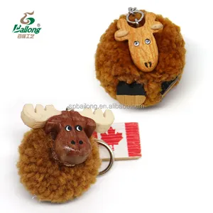 Wholesale pom pom bag charm moose shape wooden craft animal keyring pompom keychain