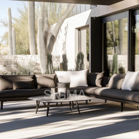 Table de salle à manger extérieure en aluminium à finition naturelle durable pour jardin, patio, terrasse et restaurant, au design moderne et épuré