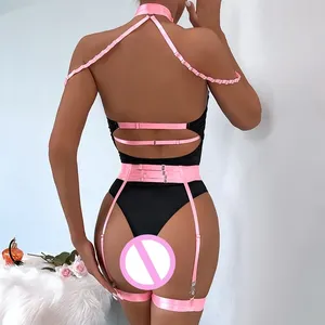 Lingerie sexy pour femme, body en maille froncée, bandage, couleur contrastée, transparent, shapewear, body sculptant une pièce, polyester, CE - Product Image 3
