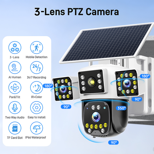4G Wireless Solar Security Camera Outdoor 9MP 3 Lens 3 Screen Pan Tilt CCTV AOV Camera Solar & Battery Powered Remote View IP66