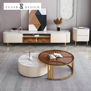 <span class=keywords><strong>Meuble</strong></span> <span class=keywords><strong>TV</strong></span> moderne en bois avec comptoir en pierre lisse et vitrine en verre, personnalisable et très demandé, pour salon - Product Image 3