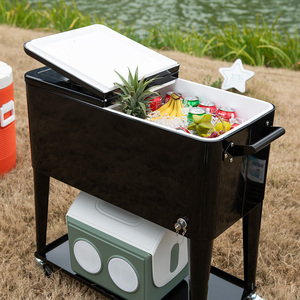 Chariot isotherme à roulettes en métal noir avec robinet <span class=keywords><strong>de</strong></span> vidange intégré et poignée latérale, glacière mobile pour barbecue en extérieur - Product Image 4