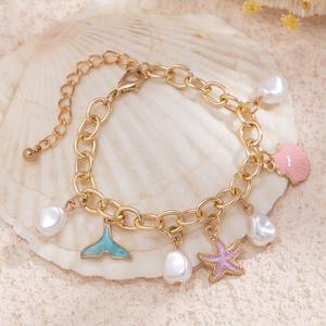 Sweet Simulation <strong>Pearl</strong> Starfish Fish Tail <strong>Pendant</strong> Choker <strong>Necklace</strong> for Women Gold Color Clavicle Chain Summer Beach Jewelry Set - Product Image 3