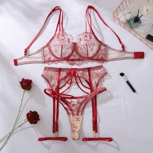 Sexy Pure Mesh Damesondergoed Set Hete Verkopende V-Hals Geborduurde Kanten Lingerie Set - Product Image 6