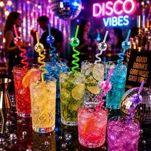 Bachelorette Party Cocktail Supplies Colorful Spiral Reusable With <b>Mirror</b> <b>Plastic</b> Disco Ball Drinking Straws - Product Image 3