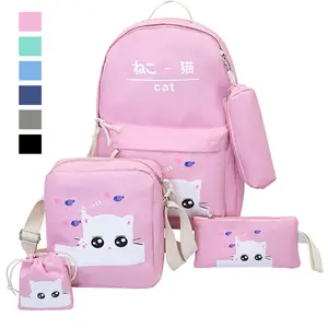 New Cute Girl's Five-Piece Kids School Bag Set Multi-Function Backpack Set Cat Print Nylon School Bags Set