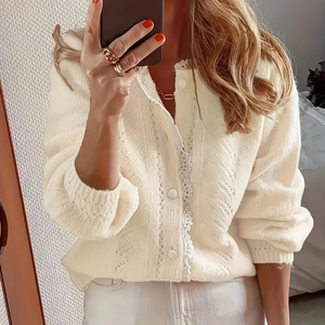 Cardigan élégant pour <span class=keywords><strong>femme</strong></span> à devant ouvert, <span class=keywords><strong>rose</strong></span> <span class=keywords><strong>pastel</strong></span> doux, léger, avec bordure en dentelle, pièce superposable semi-transparente pour le printemps/été/automne - Product Image 2