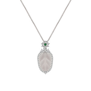 Collar con Colgante de Calcedonia Blanca en Forma de Hoja, Collar con Colgante de Rama Dorada y Hoja de Jade, Zirconia - Product Image 5