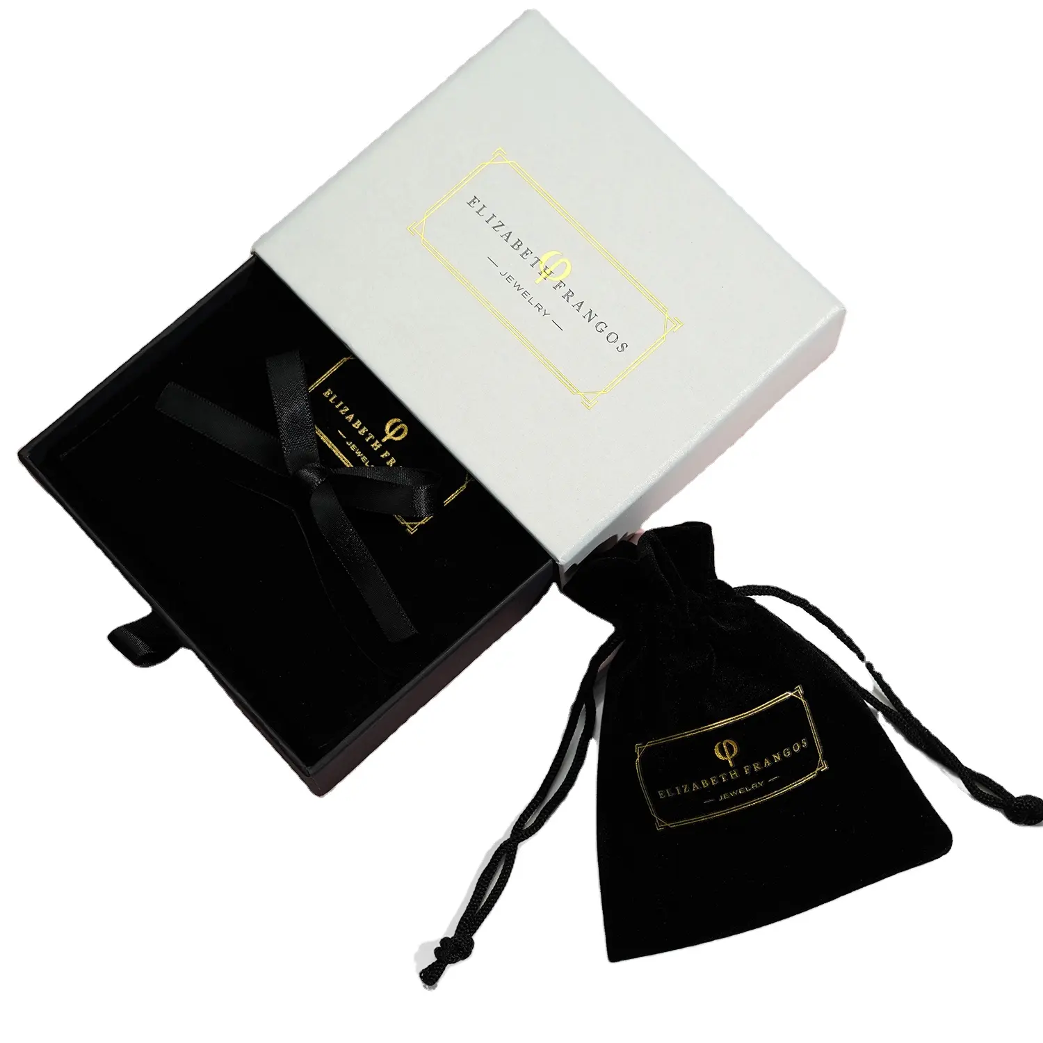 Caixa de empacotamento de joias personalizada, caixa deslizante de jóias de gaveta com bolsa