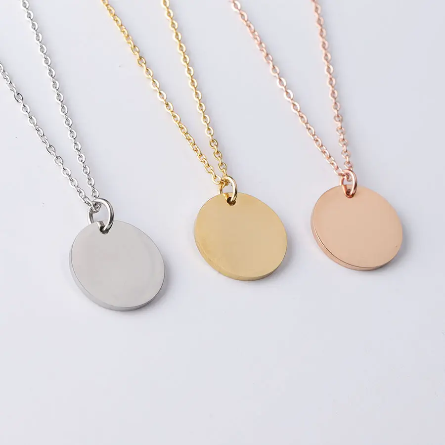 Customize Letter Mirror Polished Stainless Steel Engravable Simple Fat Blank Round Dog Tags Pendant Necklace Fashion Jewelry