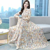Nouvelle Mode Femme Chic Chiffon Été Bohème Manches Longues Imprimé Floral Robe Longue Bretelles Col V Plage Vacances Décontractée