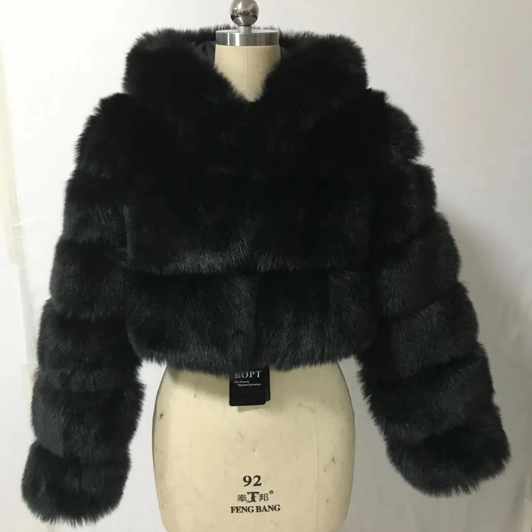 Chất Lượng Cao Ngắn Faux Fox Phụ Nữ Áo Khoác Faux Fur Áo Khoác Với Hoody