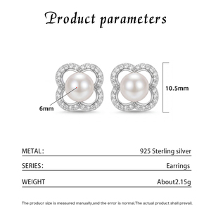 ต่างหูมุกขาวประดับเพชร CZ รูปใบโคลเวอร์สี่แฉกชุบเงินทองแดงสำหรับผู้หญิง ต่างหูรูปดอกไม้มงคลประดับเพชรซิร์คอนและมุก ของขวัญเครื่องประดับ - Product Image 6