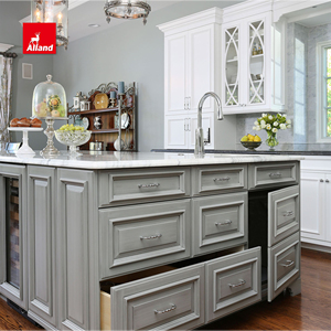 Alland Malaysia Meuble <span class=keywords><strong>de</strong></span> <span class=keywords><strong>cuisine</strong></span> gris élégant avec tiroirs encastrés, portes à persiennes à montants <span class=keywords><strong>et</strong></span> <span class=keywords><strong>plan</strong></span> <span class=keywords><strong>de</strong></span> <span class=keywords><strong>travail</strong></span> - Product Image 1