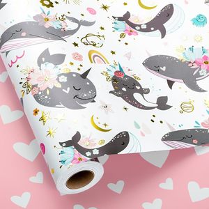 Whale Rainbow Ocean Theme Gift Wrapping <b>Paper</b> 17 Inch X 33 Feet Reversible For Baby Shower Birthday Pink Heart Design - Product Image 1