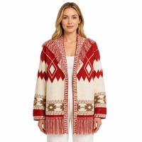 Cardigan grec à franges en acrylique tricoté, col châle, manches longues, grande taille, rouge et blanc, avec logo personnalisé, pour femme, chic et tendance, automne-hiver
