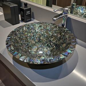 Lavabo en coquille d'ormeau et agate, pierre semi-précieuse, évier de cuisine, lavabo en résine, art de la pièce, vase en bois, emballé dans une boîte - Product Image 3