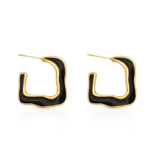 Chris April fashion jewellery 316L stainless steel pvd gold plated black enamel organic texture square shape hoops earring