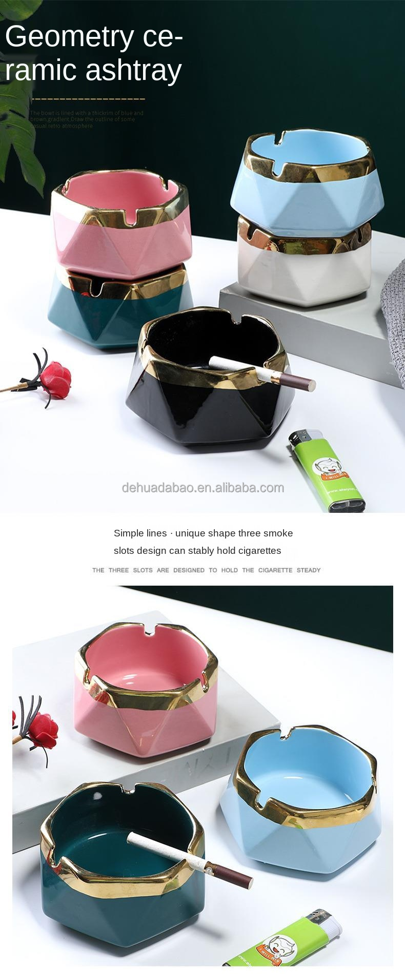 Most Popular Custom Logo regular Geometry 4 Inch Ceramic Cigar Cigarette Ashtray Gold Rim With Lid For Home Hotel