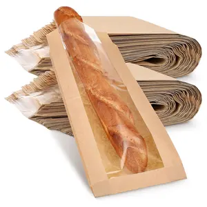 Op Maat Bedrukt Lang Brood Bruine Papieren Zakken Met Raam Voor Voedsel Vetvrij