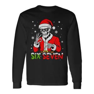 Six Seven Skeleton Santa Christmas T-shirt a maniche lunghe Gen Z Slang - Product Image 1