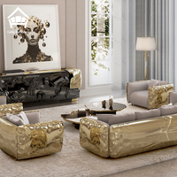 Fauteuil de Salon de Villa de Luxe Italien en Cuir Véritable Givré, Cadre en Métal de Laiton Haut de Gamme, Ensemble de Mobilier Sur Mesure