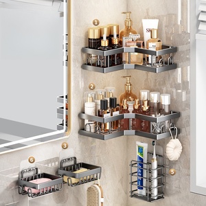 Étagère de salle de bain en alliage d'aluminium à fixation murale, 2 niveaux, gain de place, finition brossée, pour articles de toilette et savon - Product Image 1