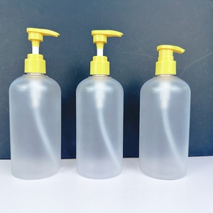 Beauty Shower Gel <b>Bottle</b> Body Hand Lotion 400ml Transparent Matte PET Round Plastic <b>Bottle</b> with Yellow <b>Pump</b> Head Dispenser - Product Image 1