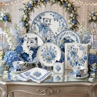 Service de vaisselle en porcelaine personnalisé avec motif léopard bleu, assiettes en céramique, plats à salade floraux pour hôtels, restaurants, complexes hôteliers et détaillants