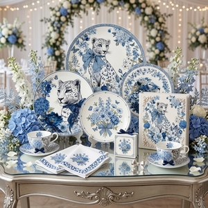 Service de vaisselle en porcelaine personnalisé avec motif léopard bleu, assiettes en céramique, plats à salade floraux pour hôtels, restaurants, complexes hôteliers et détaillants - Product Image 6