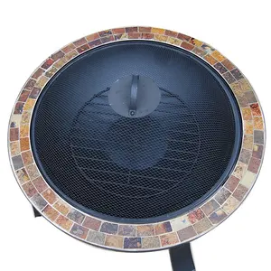 Outdoor Round Mosaic Fire Pit Camping Wood Burning Fire Pit Table Slate BBQ Grills