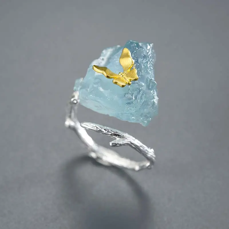 Lotus Fun Chinese Factory High Quality Aquamarine Ring 925 Sterling Silver For Women