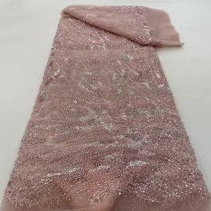 Decente nigeriano tule bordado frisado guipure lace 3d folha tecido para o vestido de noite