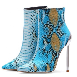Bottines à talons hauts pour femmes, imprimé peau de serpent bleu, grande taille 45, talon fin en métal, chaussures de soirée, bottines courtes - Product Image 5