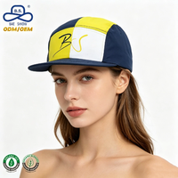 Casquette de baseball à 5 panneaux, style camper, à séchage rapide, à visière plate, avec logo personnalisé BS Script, coloris bleu marine, jaune et blanc
