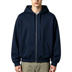 350G Men's <b>Navy</b> Solid 100% Cotton Zip-Up Hoodie Pullover <b>Sweatshirt</b> with Front Pocket for Winter Casual Wear - Product Image 3
